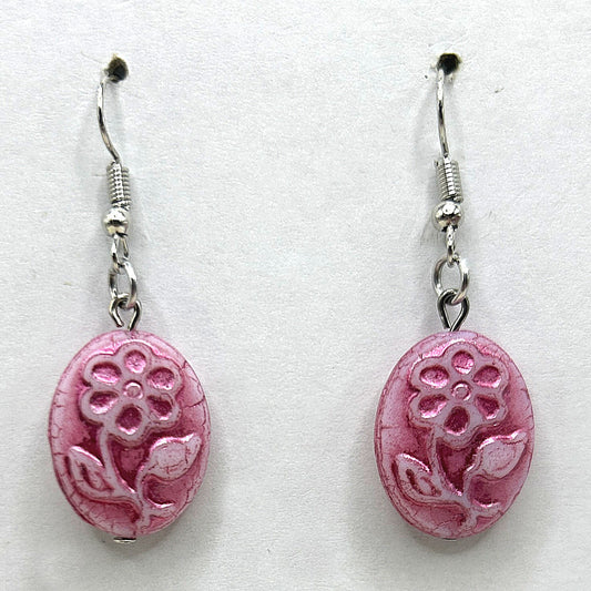Pink Rose Oval Medallion Earrings
