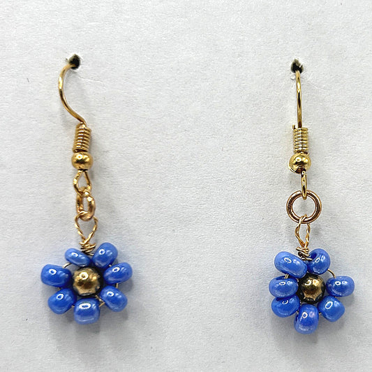 Blue Seed Bead Flower Earrings