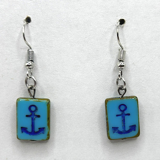 Blue Czech Glass Anchor Earrings