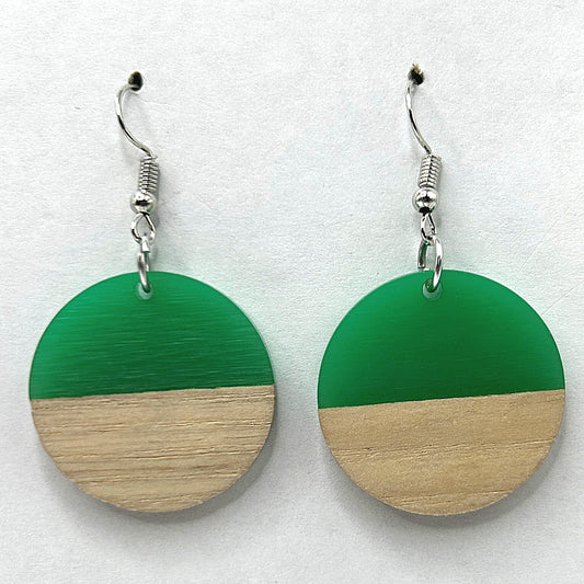 Green Resin and Wood Round Disc Earrings