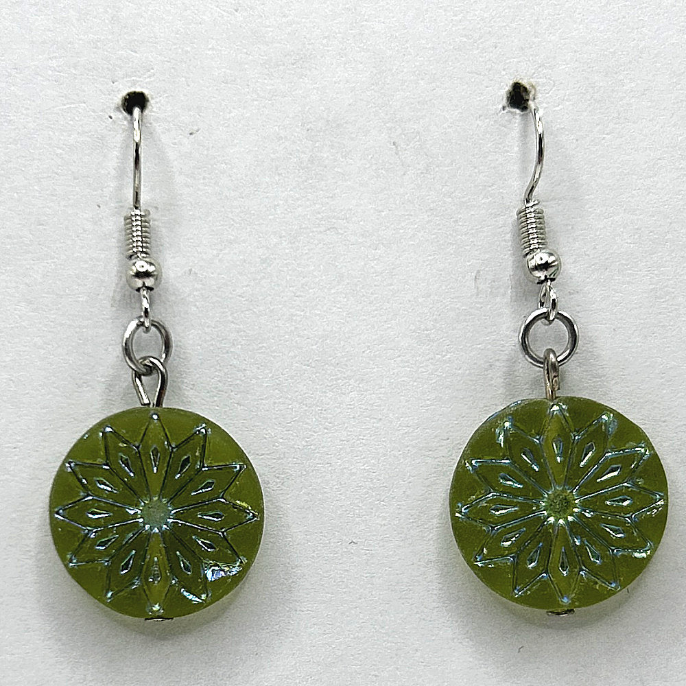 Green Disc Earrings with Blue Embossed Motif