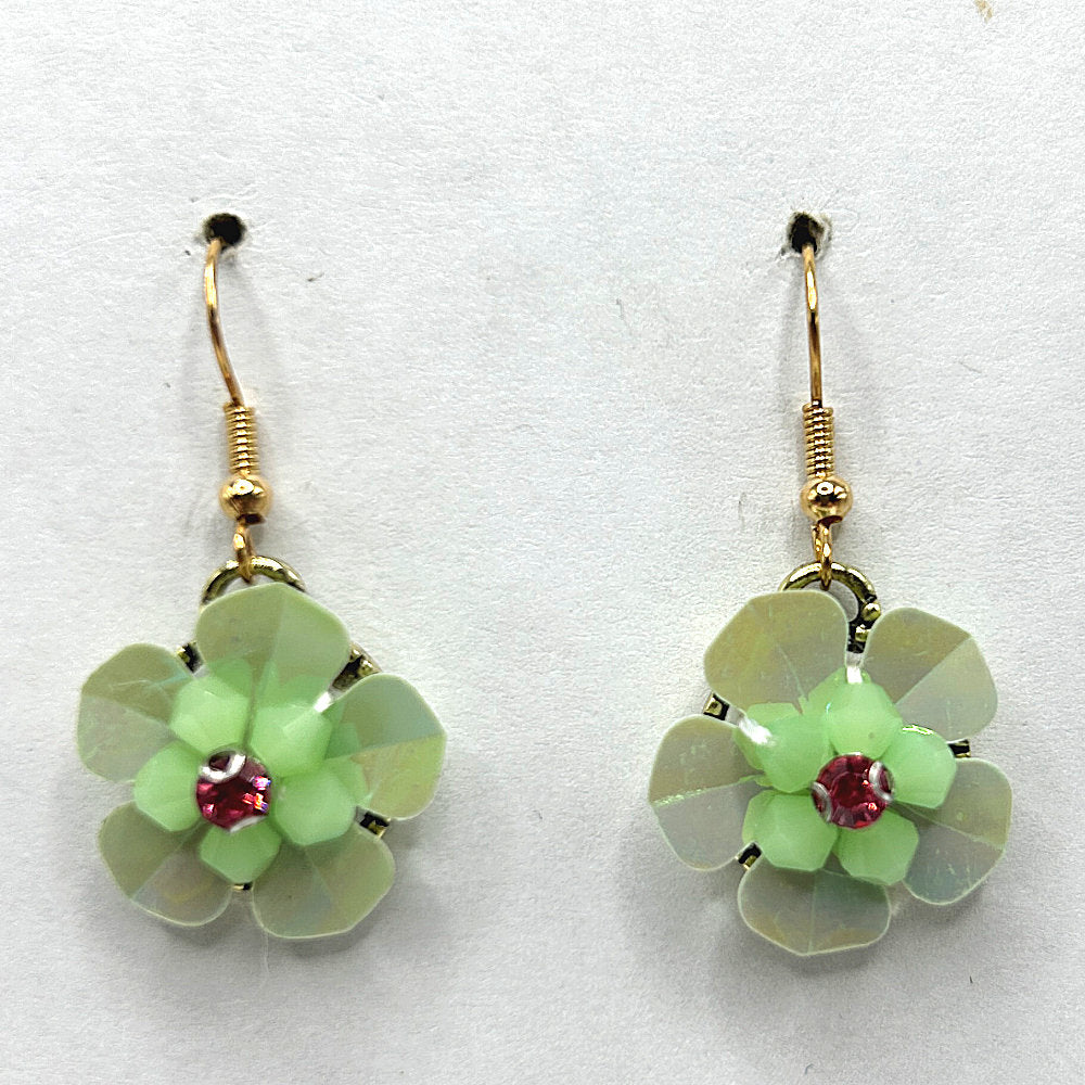 Pale Green Flower Earrings with Pink Center