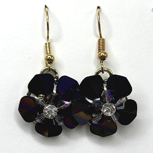 Purple Flower Earrings with Rhinestone Center