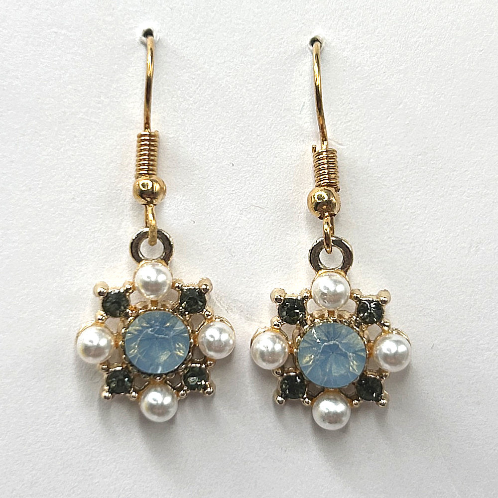 Rhinestone Flower Earrings with Blue Center and Faux Pearl Accents