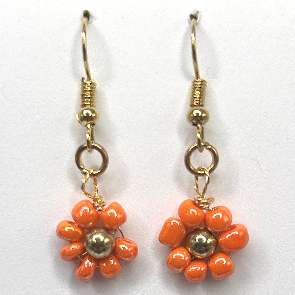 Orange Seed Bead Flower Earrings