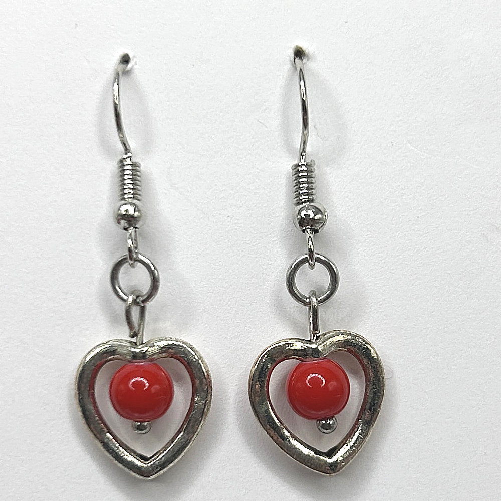 Small Heart Earrings with Red Dangle