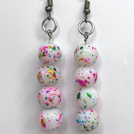White Ball Earrings with Multicolor Splatters (Heavy)