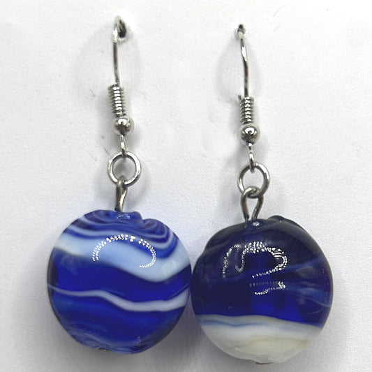 Blue and White Glass Puffed Disc Earrings (Heavy)