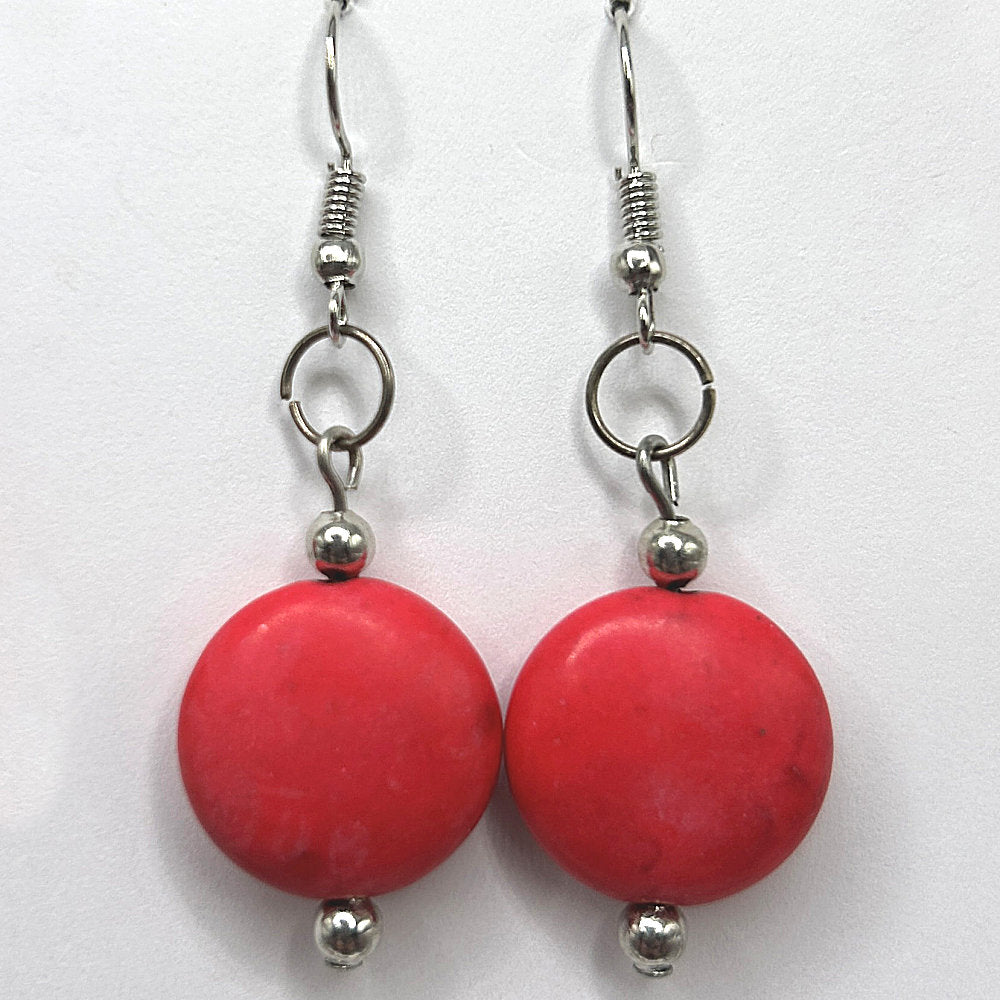 Red Resin Disc Earrings with Silver-Colored Accents