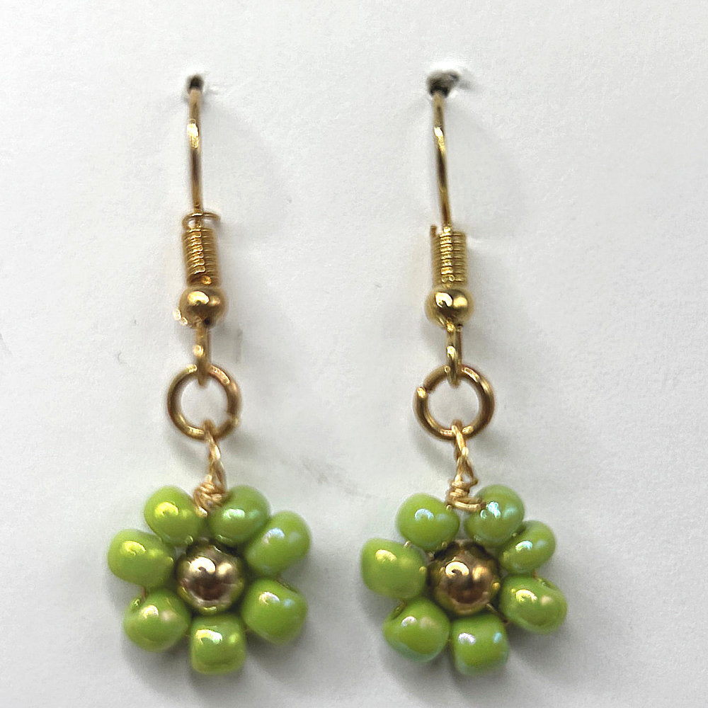 Green Seed Bead Flower Earrings