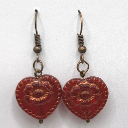 Ornate Red Czech Glass Heart Earrings