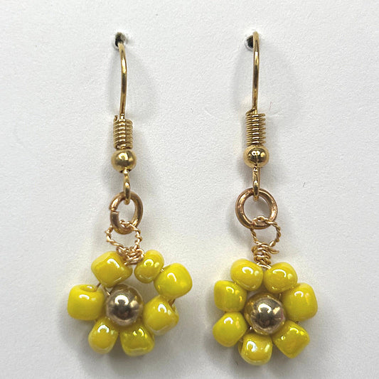 Yellow Seed Bead Flower Earrings