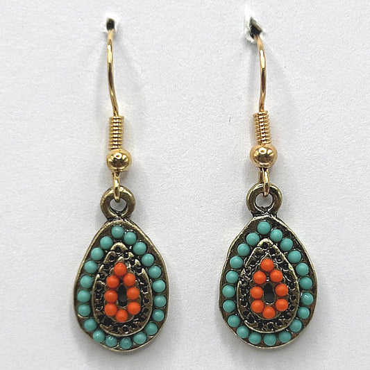 Green and Orange Beaded Teardrop Earrings