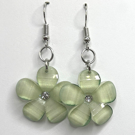 Green Sparkle Flower Earrings with Rhinestone Accent