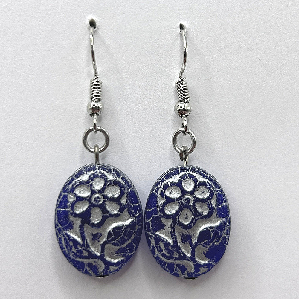 Blue Czech Glass Oval Earrings with White Floral Motif