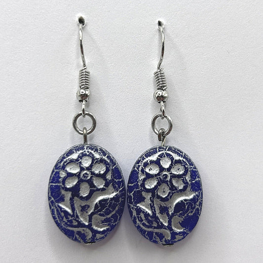 Blue Czech Glass Oval Earrings with White Floral Motif