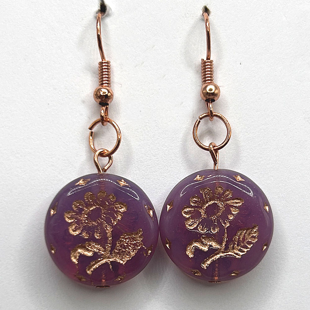 Purple Czech Glass Disc Earrings with Rose Gold Flower Motif