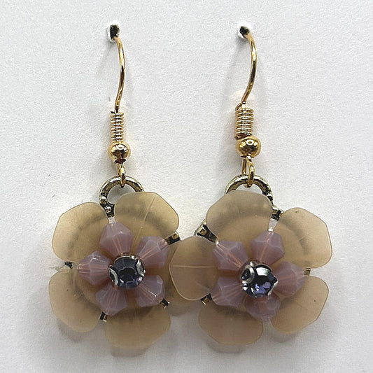 Tan/Pink Flower Earrings with Purple Rhinestone