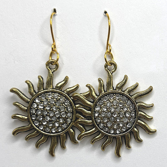 Brassy Sunburst Earrings with Rhinestone Center (Heavy)