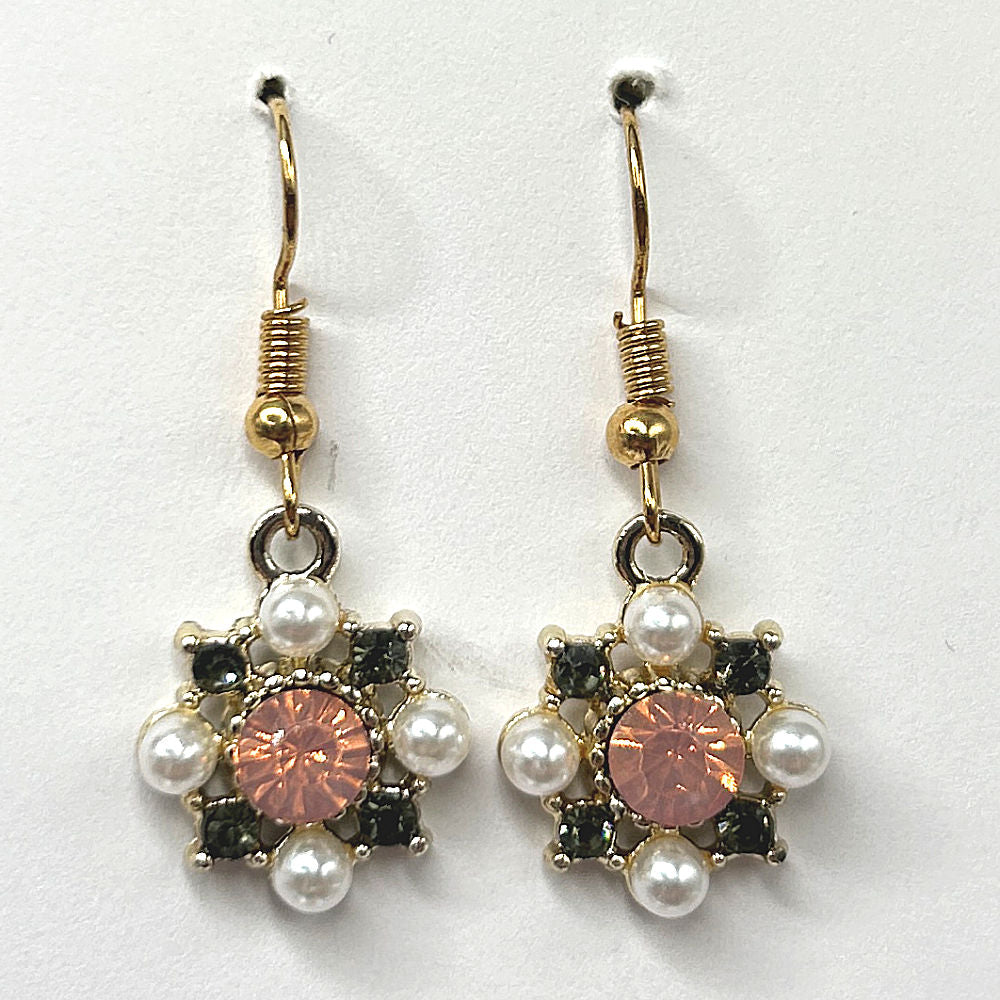 Rhinestone Flower Earrings with Pink Center and Faux Pearl Accents