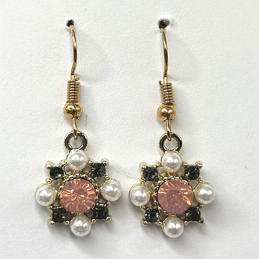 Rhinestone Flower Earrings with Pink Center and Faux Pearl Accents