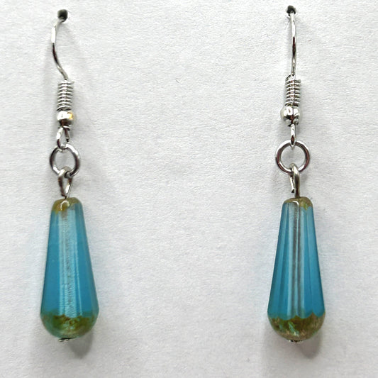 Clear Blue Czech Glass Teardrop Earrings