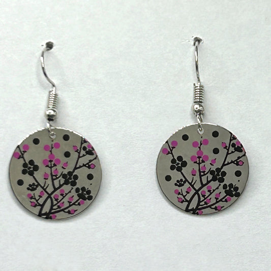 Mirror Disc Earrings with Cherry Blossom Design