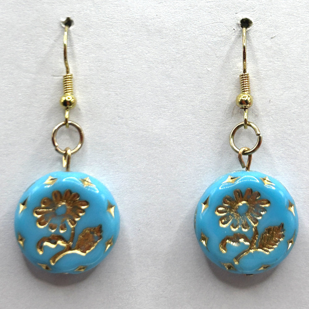 Bright Blue Czech Glass Circle Earrings with Golden Flower Motif