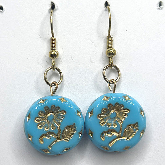 Bright Blue Czech Glass Circle Earrings with Golden Flower Motif