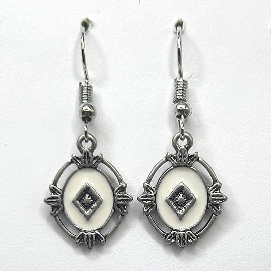 Ornate White Enamel Oval Drop Earrings