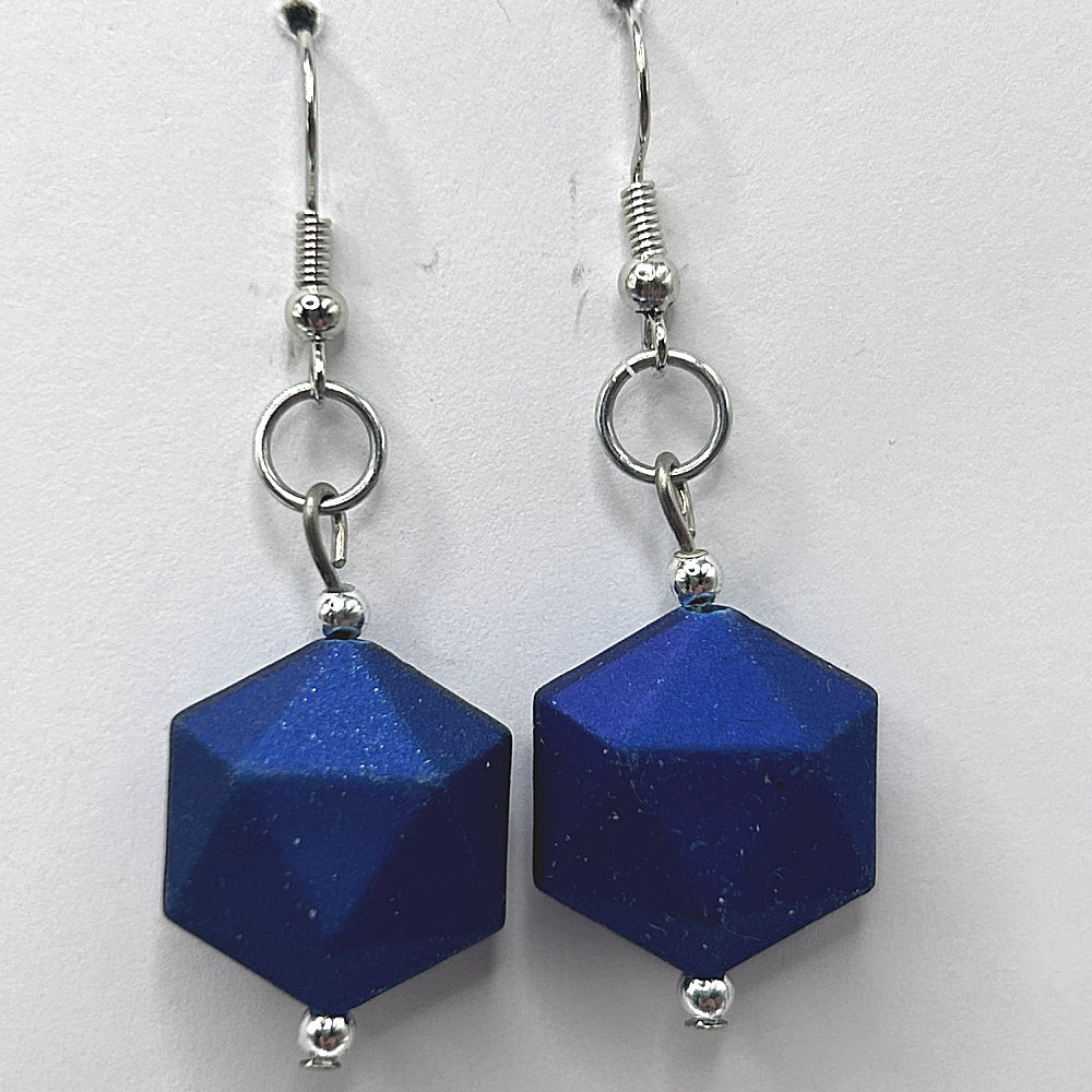 Puffed Matte Blue Hexagon Drop Earrings
