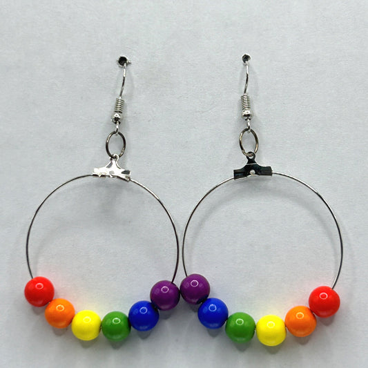 Simple Large Loop Earrings with Plastic Rainbow Beads