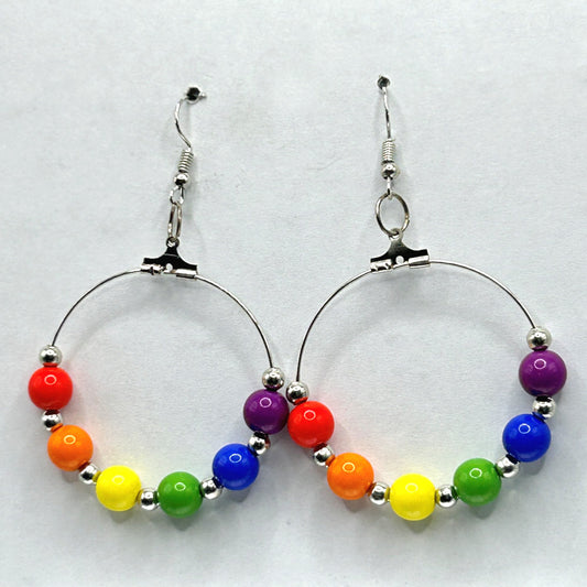 Large Loop Earrings with Plastic Rainbow Beads and Silver Accents