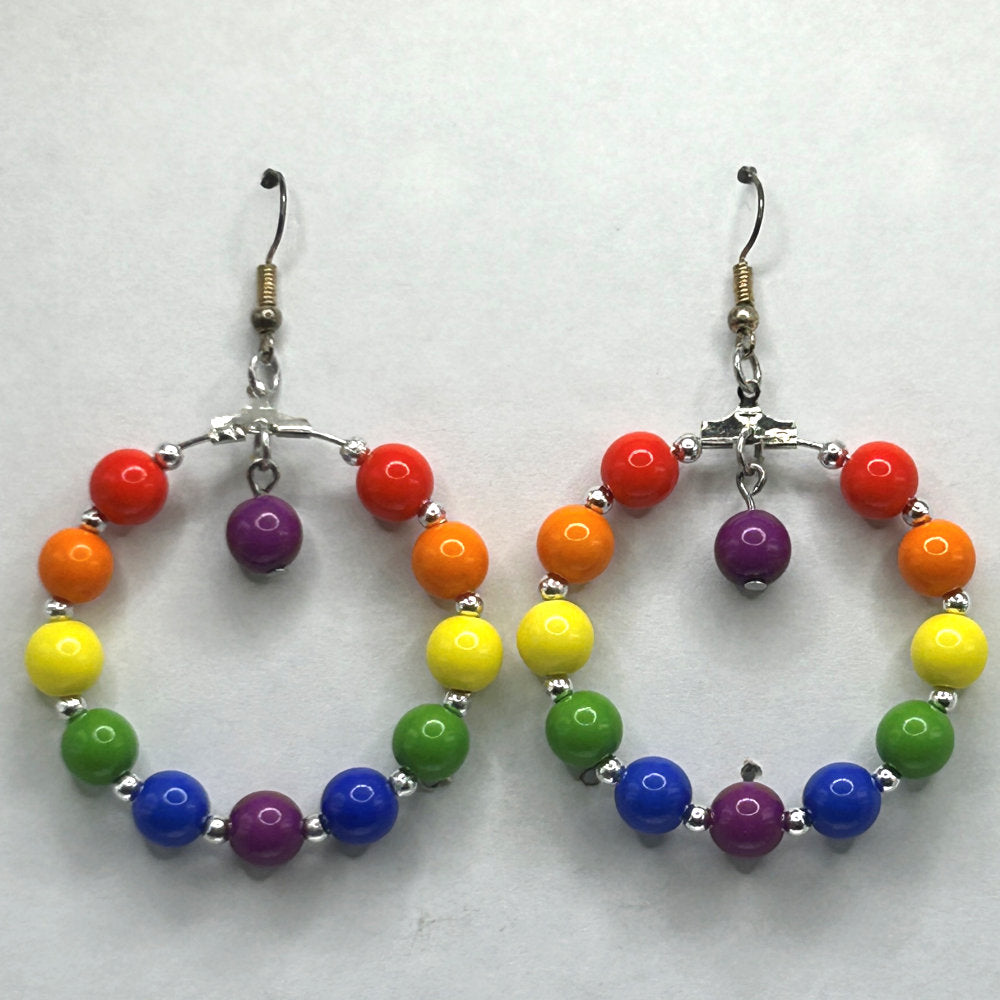 Large Loop Earrings with Plastic Rainbow Beads and Purple Dangle