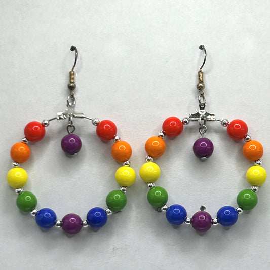 Large Loop Earrings with Plastic Rainbow Beads and Purple Dangle