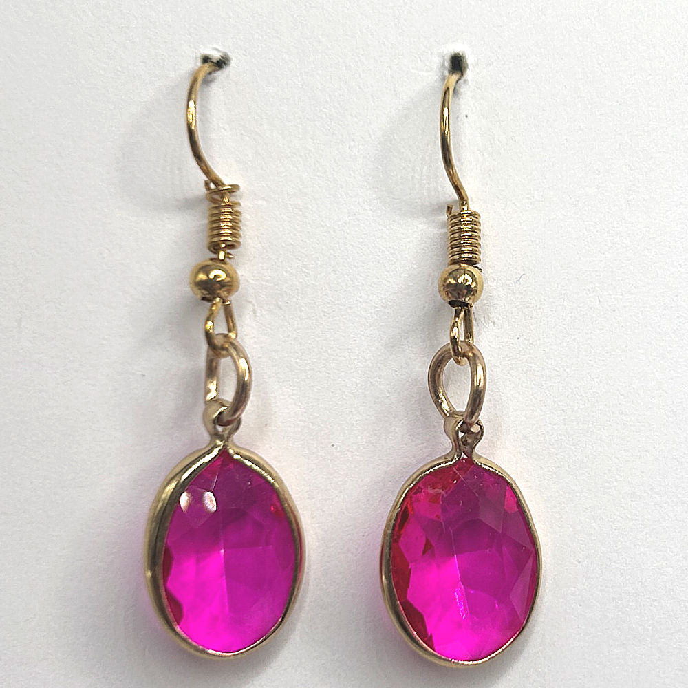 Bright Pink Clear Oval Drop Earrings