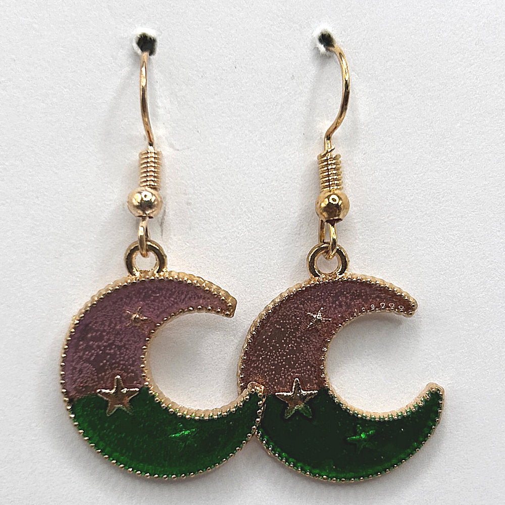 Green and Pink Moon Earrings
