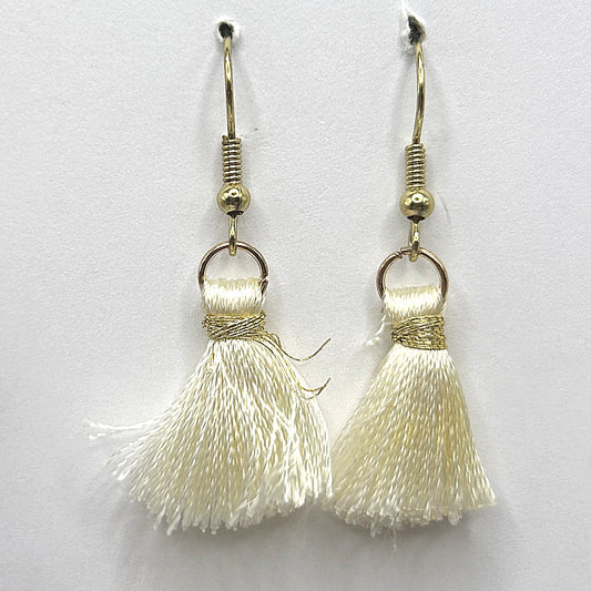 Small Cream Thread Tassel Earrings