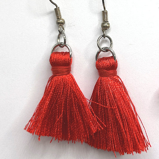 Large Red Thread Tassel Earrings
