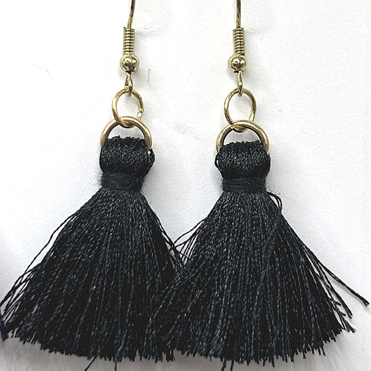 Large Black Thread Tassel Earrings