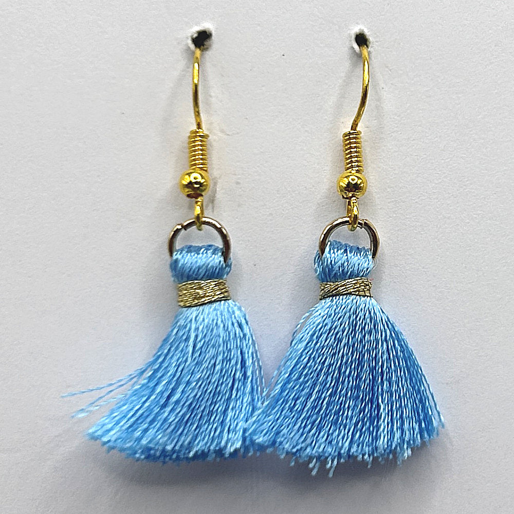 Small Light Blue Thread Tassel Earrings