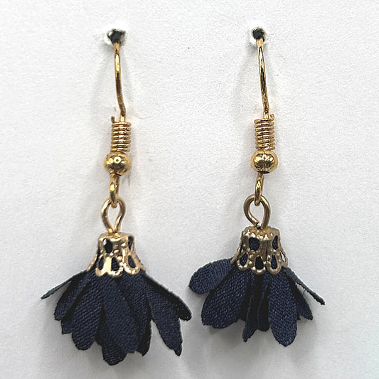 Tiny Navy Blue Flower Tassel Earrings