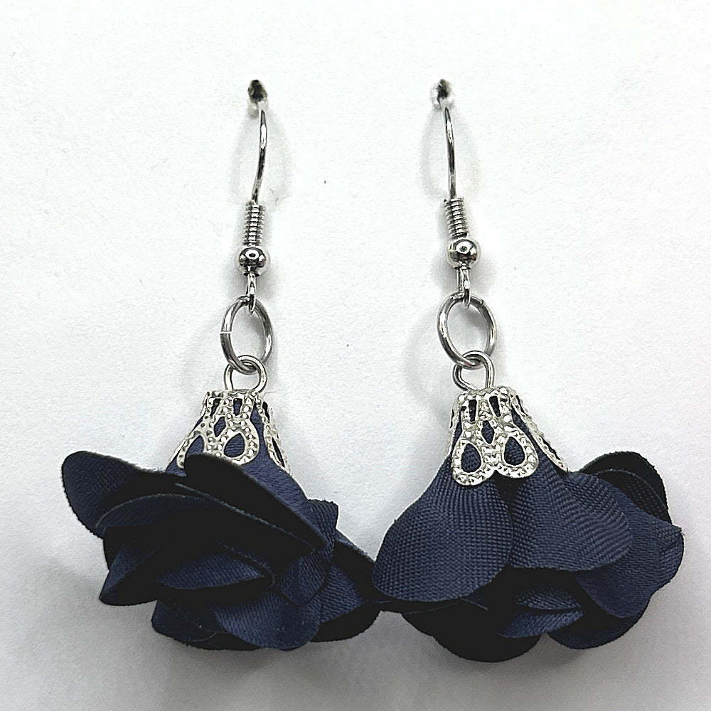 Navy Blue Flower Tassel Earrings
