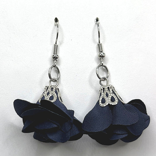 Navy Blue Flower Tassel Earrings