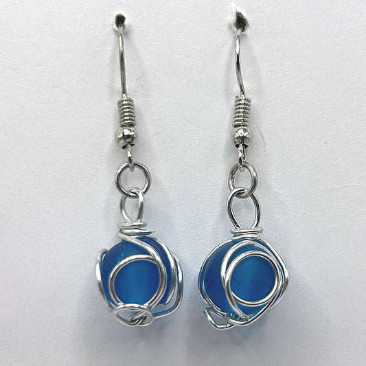 Bright Blue Silver-Wire Wrapped Earrings
