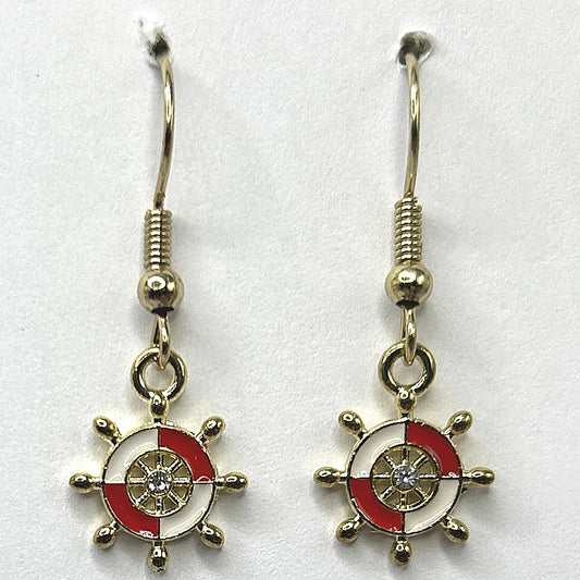 Tiny Enamel Ship Wheel Earrings - Red