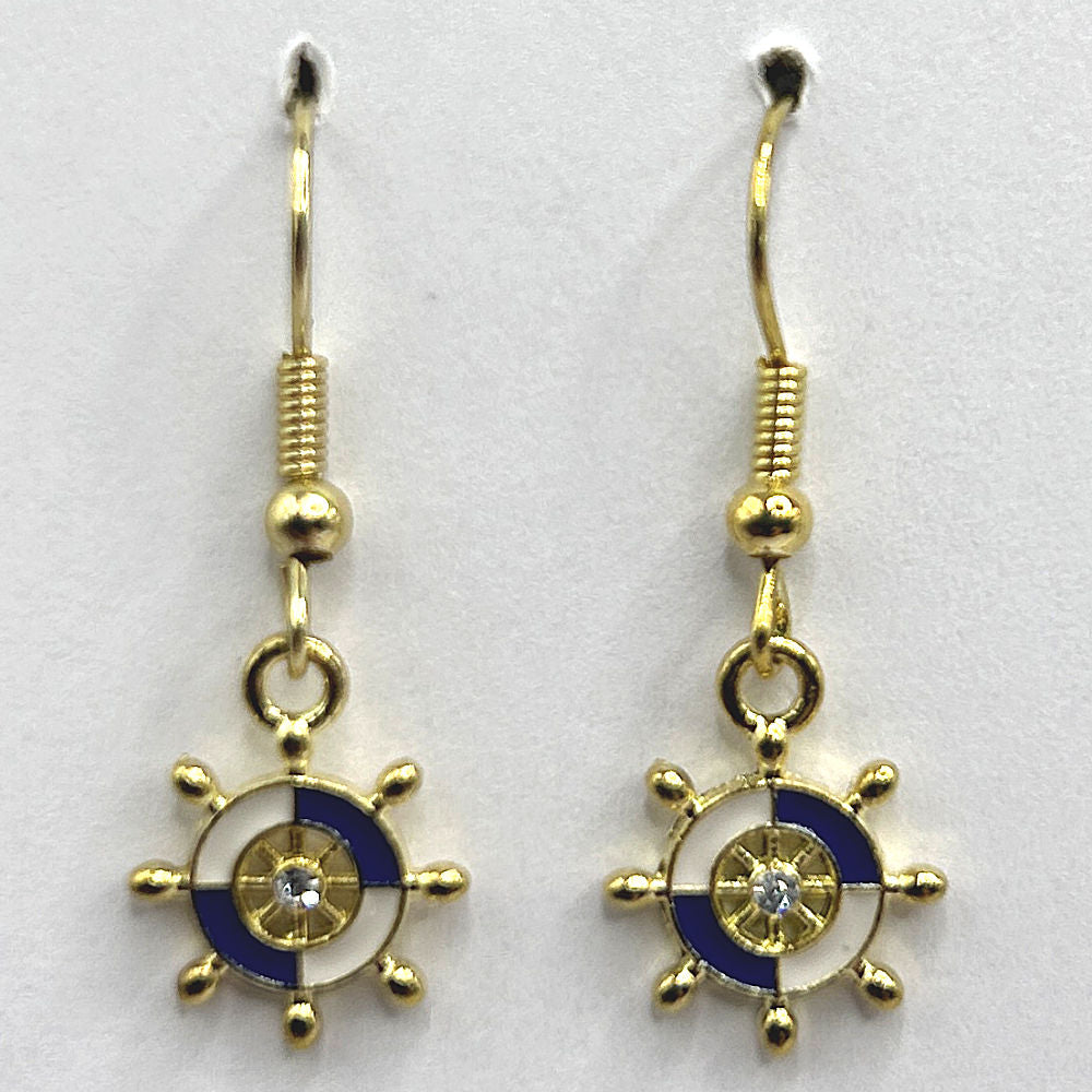 Tiny Enamel Ship Wheel Earrings - Blue