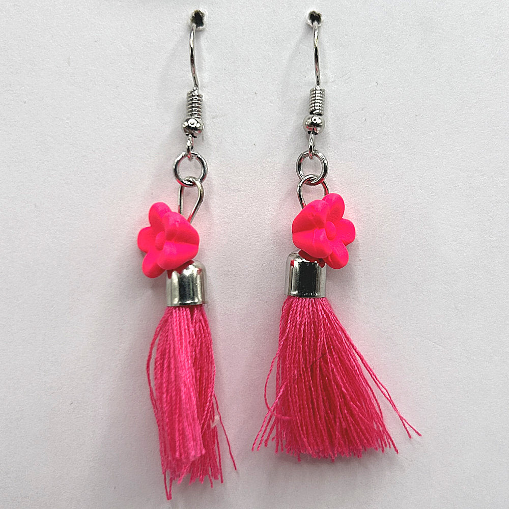 Bright Pink Thread Tassel Earrings with Flower Accent