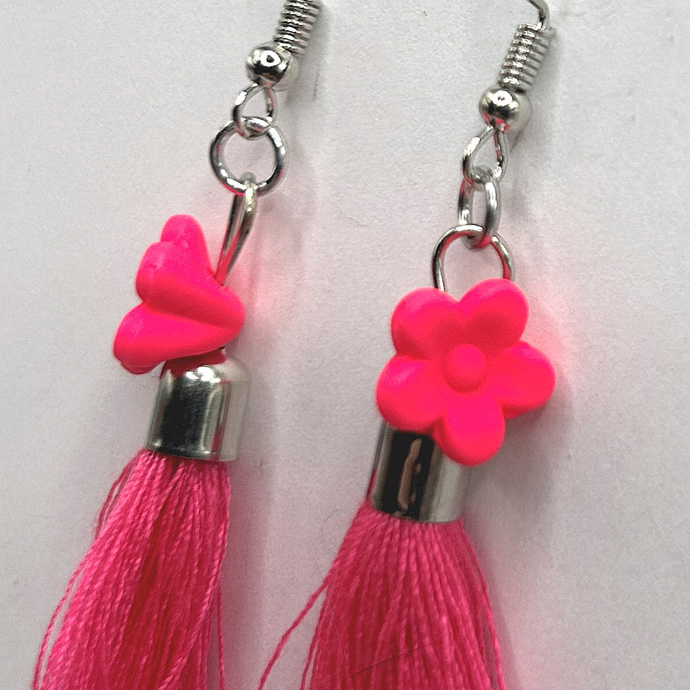 Bright Pink Thread Tassel Earrings with Flower Accent