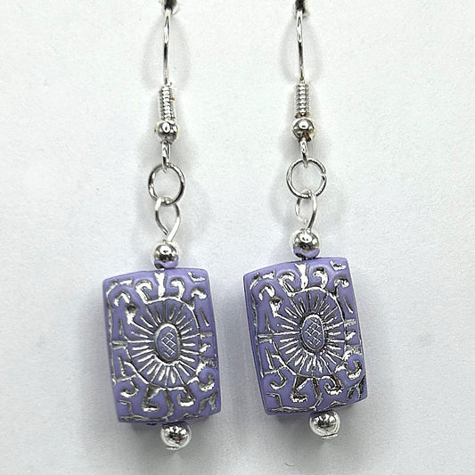 Purple Rectangle Earrings with Silver Washed Flower Motif